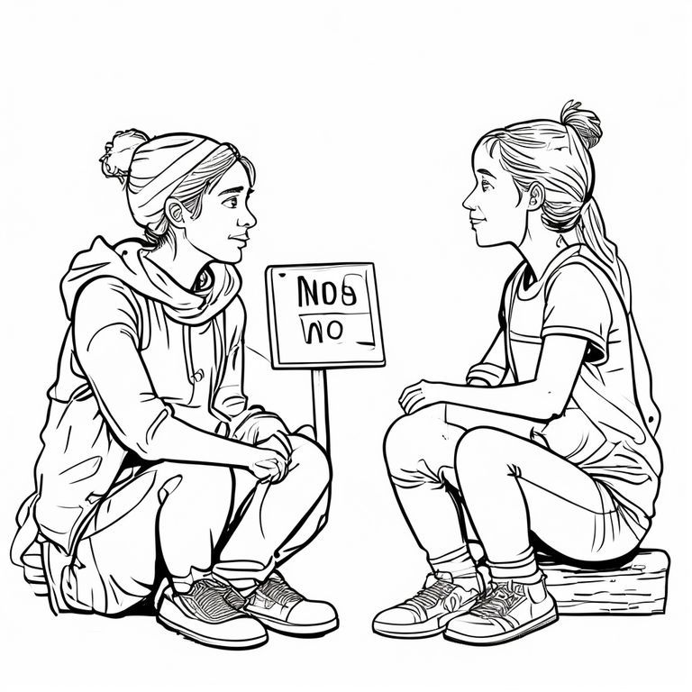 “A homeless young woman sitting with a sign that says ‘No’, talking with a young teenage girl, simple line art, clean outlines, coloring page style.”