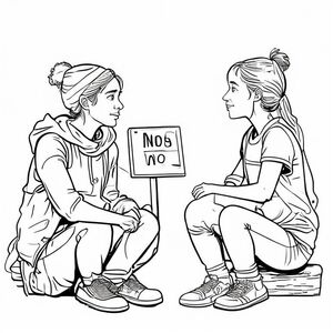 “A homeless young woman sitting with a sign that says ‘No’, talking with a young teenage girl, simple line art, clean outlines, coloring page style.”