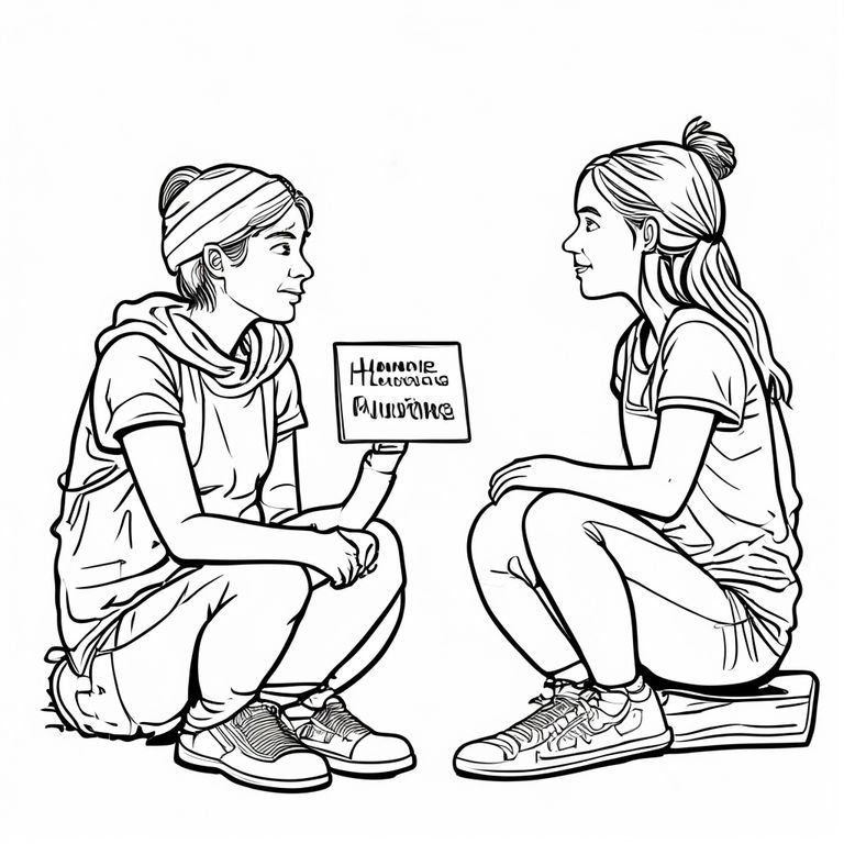 “Homeless young woman sitting with a sign, talking to a teenage girl, simple black and white line drawing for coloring.”