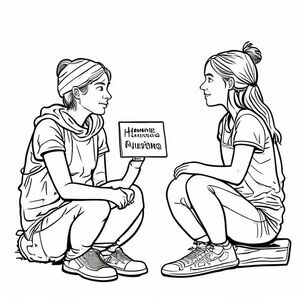 “Homeless young woman sitting with a sign, talking to a teenage girl, simple black and white line drawing for coloring.”