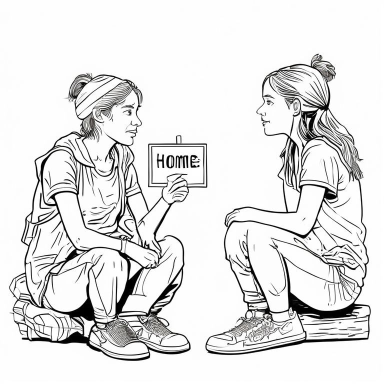 “Homeless young woman sitting with an empty sign with broken clothes, talking to a teenage girl, simple black and white line drawing for coloring.”