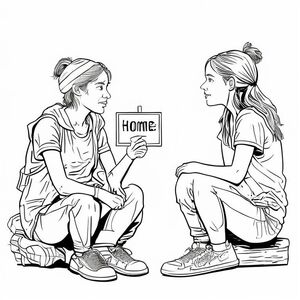 “Homeless young woman sitting with an empty sign with broken clothes, talking to a teenage girl, simple black and white line drawing for coloring.”