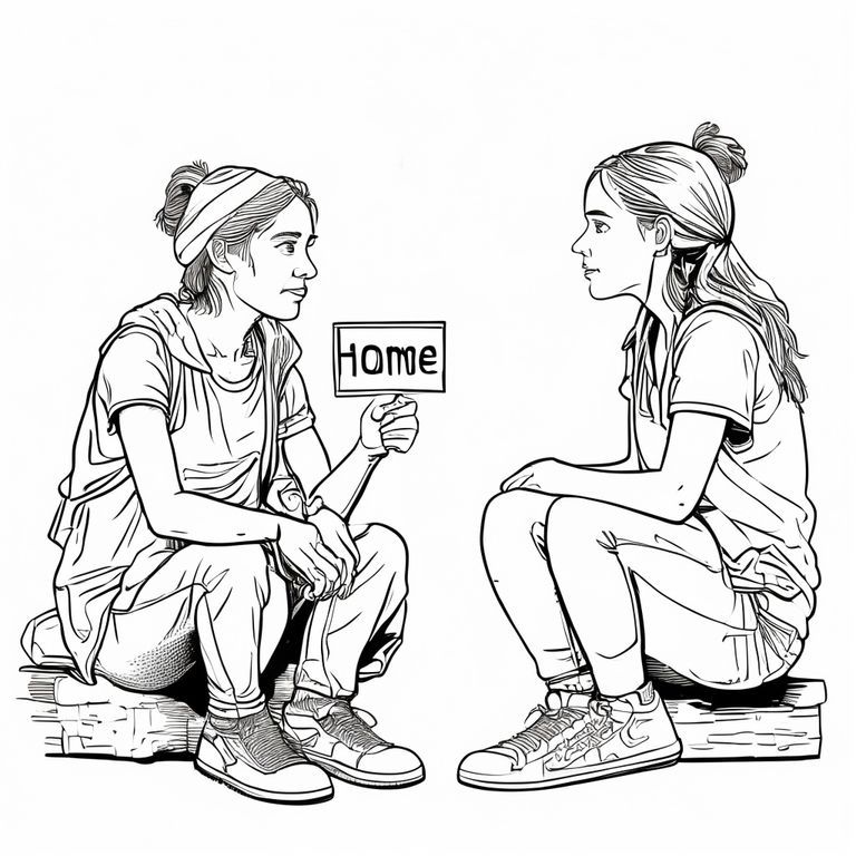 “Homeless young woman with broken clothes sitting with an EMPTY sign no text , talking to a teenage girl, simple black and white line drawing for coloring.”