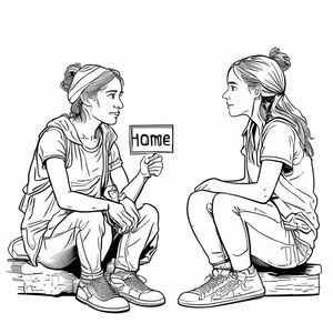 “Homeless young woman with broken clothes sitting with an EMPTY sign no text , talking to a teenage girl, simple black and white line drawing for coloring.”