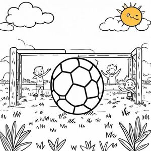 "coloring_page_idea": "A lively soccer scene featuring a smiling soccer ball in the center of a grassy field, with simple goal posts on each side. A child in a team jersey stands beside the ball, cheering, surrounded by a few fluffy clouds and a sun in the corner, all with bold outlines suitable for children to color."