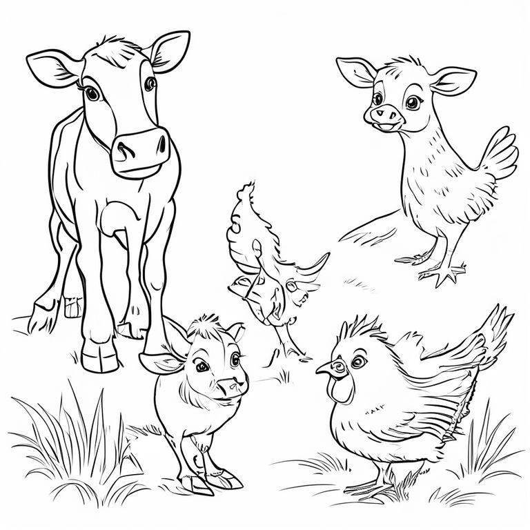 A selection of farm animals including a cow and chicken demonstrating the word clean with the word clean on each colouring page.
