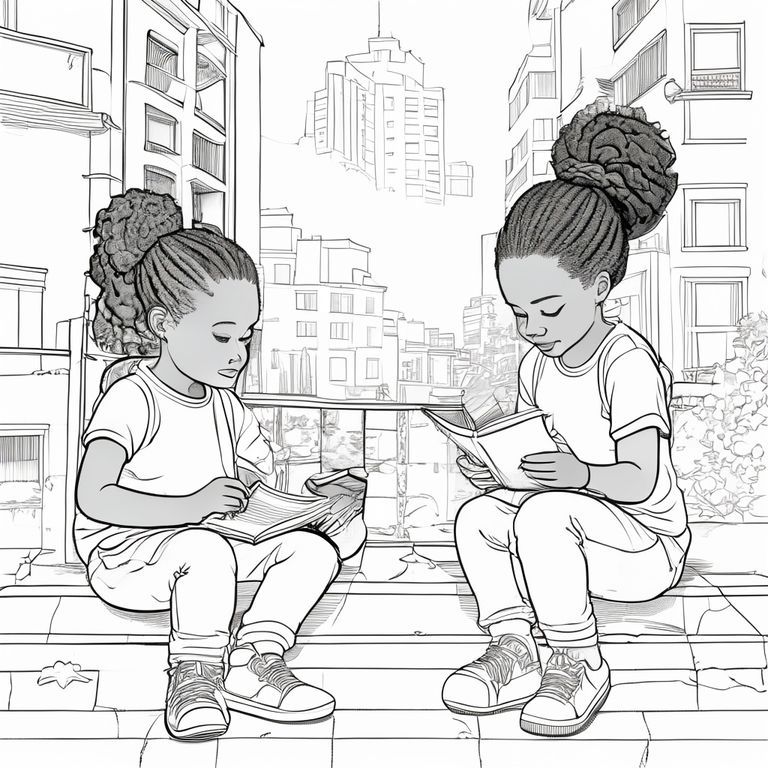 Black children sitting on a stoop writing rhymes in notebooks, city apartment buildings, bantu knots, natural curls, half-up half-down hair, simple line art for coloring