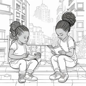 Black children sitting on a stoop writing rhymes in notebooks, city apartment buildings, bantu knots, natural curls, half-up half-down hair, simple line art for coloring