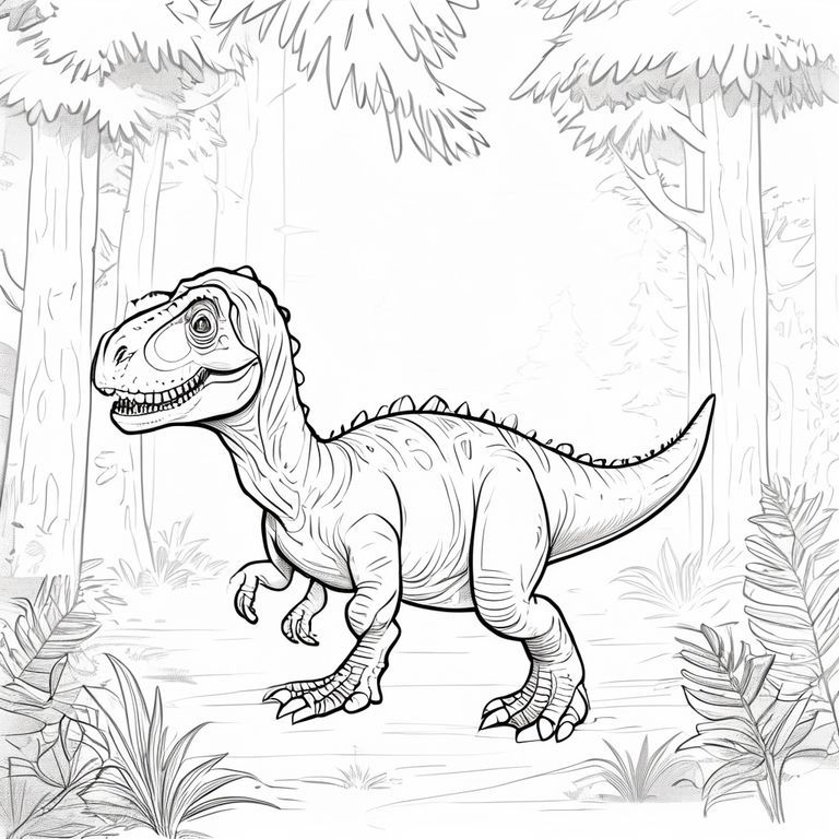 A profile view of a friendly dinosaur, walking in a forest 