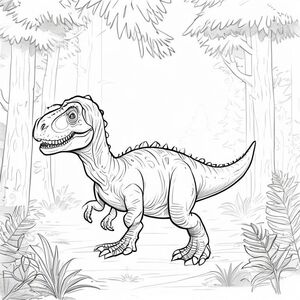 A profile view of a friendly dinosaur, walking in a forest 