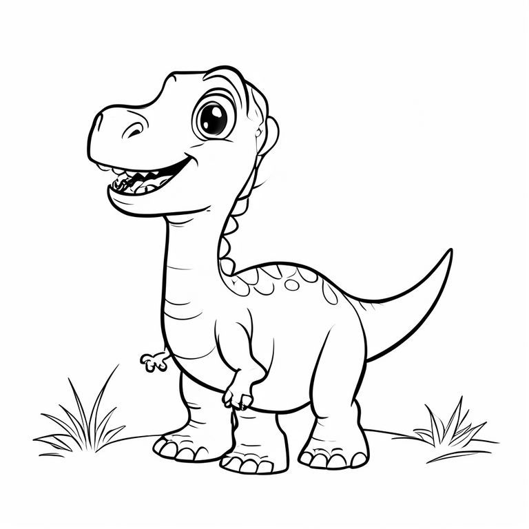 A happy baby dinosaur standing, simple outline, thick lines, big shapes, easy coloring page for toddlers