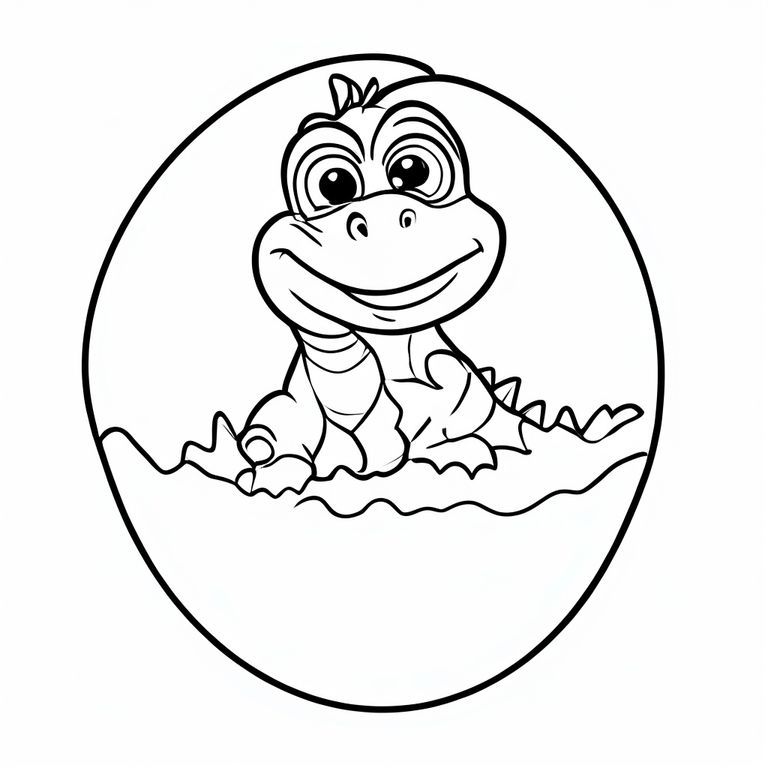 Một con khủng long con với hai mắt chui ra từ một quả trứng, đường viền đơn giản, đường dày, hình dạng lớn, tranh tô màu cho trẻ mới biết đi