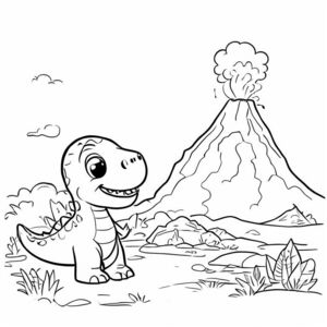 Một con khủng long dễ thương gần một ngọn núi lửa nhỏ, đường viền đơn giản, đường dày, hình dạng lớn, tranh tô màu cho trẻ mới biết đi