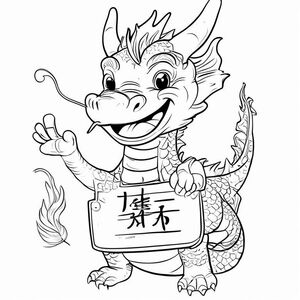 một con rồng Trung Quốc cầm bảng tên, Elias, con rồng đang mỉm cười, làm biểu tượng cảm xúc tình yêu bằng ngón tay