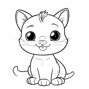 Tranh tô màu mèo dễ thương cho trẻ em, phong cách hoạt hình đơn giản, nghệ thuật đường nét đen trắng, đường viền dày, không đổ bóng, nền trắng
