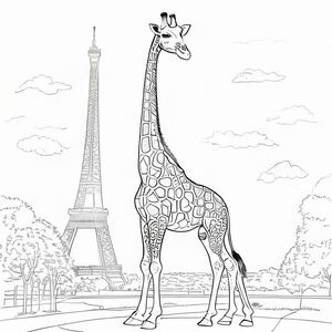 Giraffe standing in front of Eiffel Tower