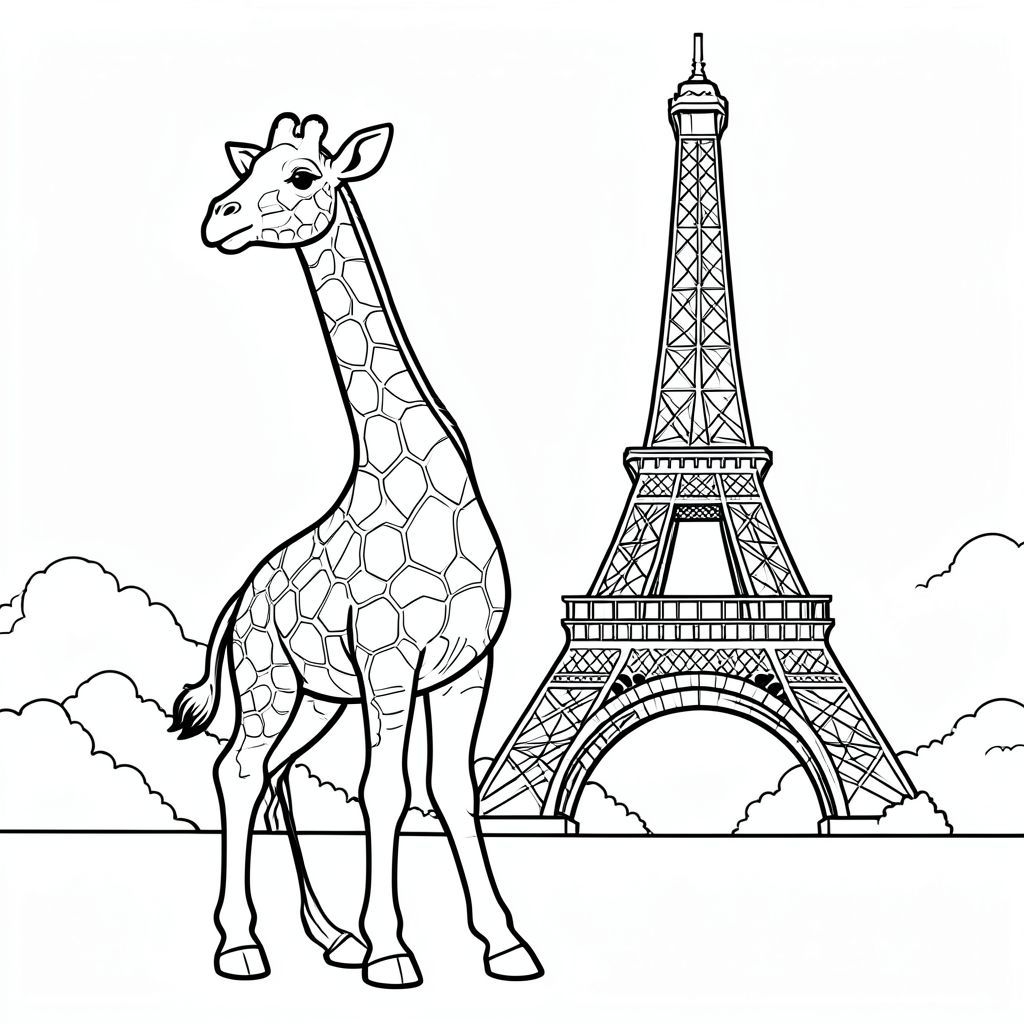 giraffe standing in front of Eiffel tower