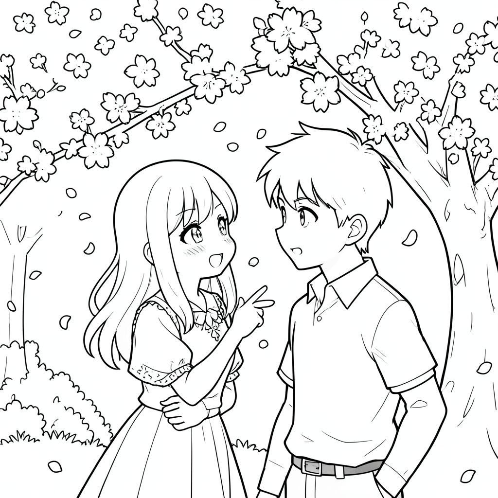 An anime scene of a girl confessing her love to a boy while they are under a sakura tress, petals falling