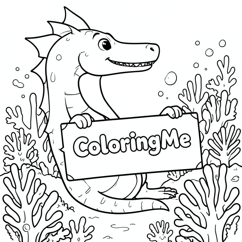 A profile view of a friendly dragon, holding a sign with "ColoringMe" written in white bubble letters, in profile, in a underwater coral reef kingdom, surrealist style