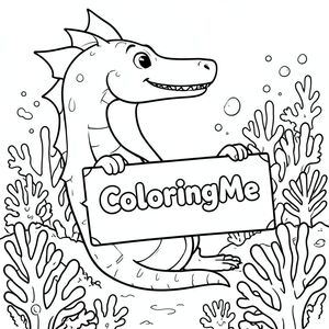 A profile view of a friendly dragon, holding a sign with "ColoringMe" written in white bubble letters, in profile, in a underwater coral reef kingdom, surrealist style