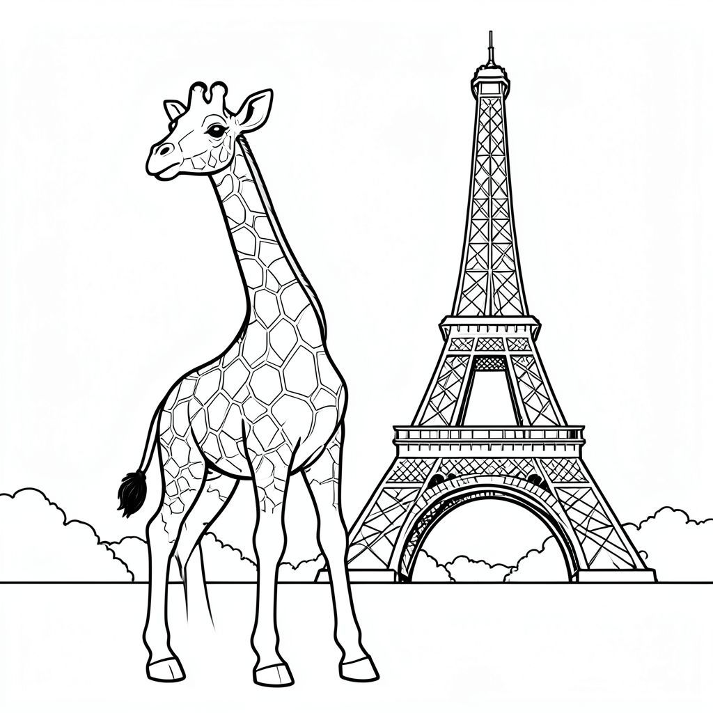 A giraffe standing in front of Effiel tower