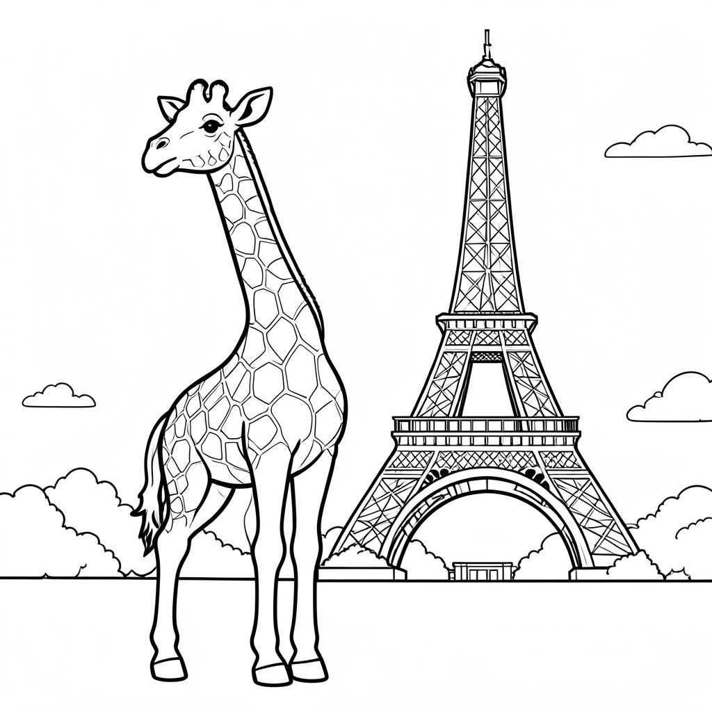 giraffe standing in front of the eiffel tower