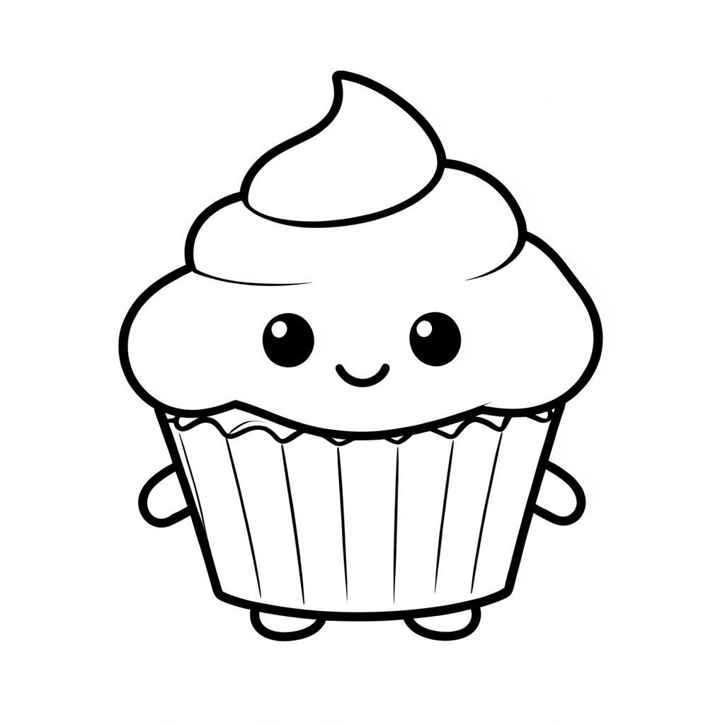 kawaii cupcake character, big frosting swirl, smiling face, tiny arms and legs,
simple composition, centered,
coloring book page, black and white line art, ultra clean vector lines,
thick outlines, smooth curves, consistent stroke width,
no shading, no grayscale, no gradients,
white background, no background elements,
printable, outline only