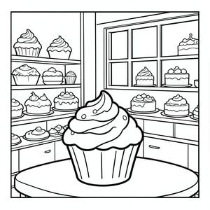 kawaii cupcake in a bakery, shelves, cakes, window,
coloring book, black and white line art, thick outlines, simple background, no shading, printable
