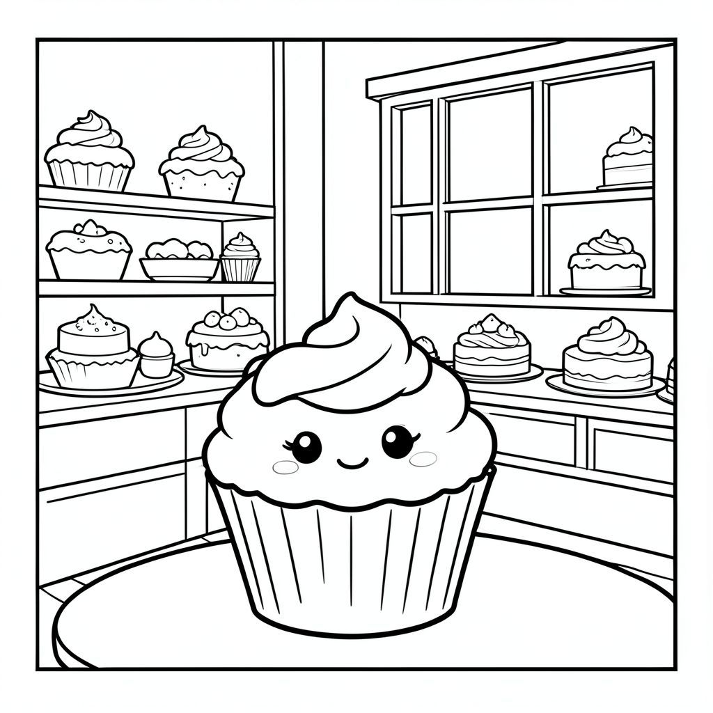 cupcake with cute face in a bakery, shelves, cakes, window,
coloring book, black and white line art, thick outlines, simple background, no shading, printable