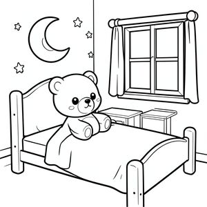 cute kawaii teddy bear in a bedroom, bed, moon, stars, window,
coloring book, black and white line art, thick outlines, simple background, printable