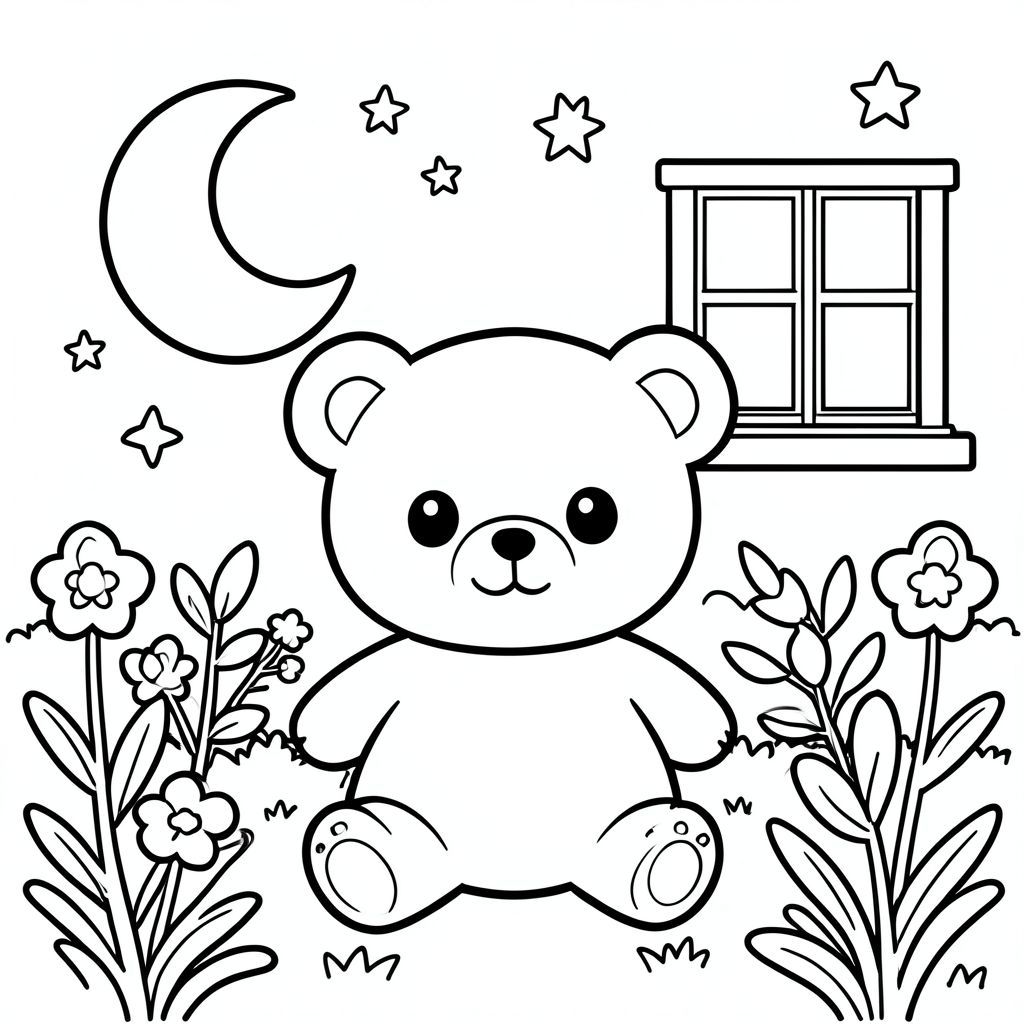 cute kawaii teddy bear in a garden, moon, stars, window,
coloring book, black and white line art, thick outlines, simple background, printable