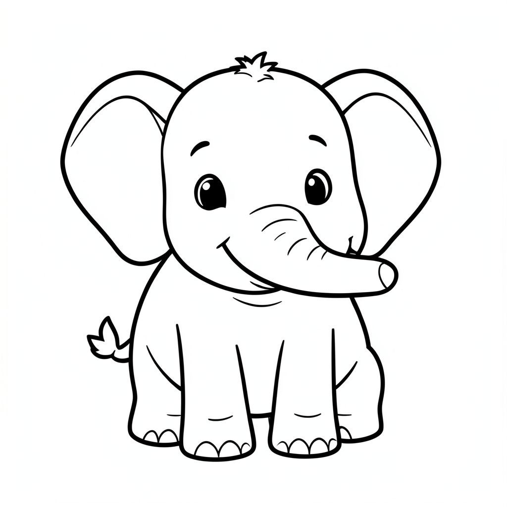Cute smiling baby elephant, simple coloring book page, black and white line art, thick outlines, minimal details, centered composition, kids coloring book style, no shading, white background