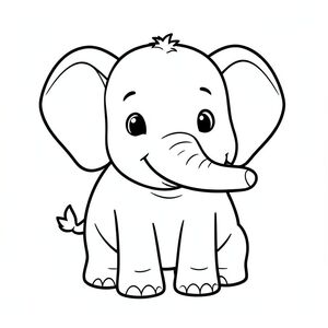 Cute smiling baby elephant, simple coloring book page, black and white line art, thick outlines, minimal details, centered composition, kids coloring book style, no shading, white background