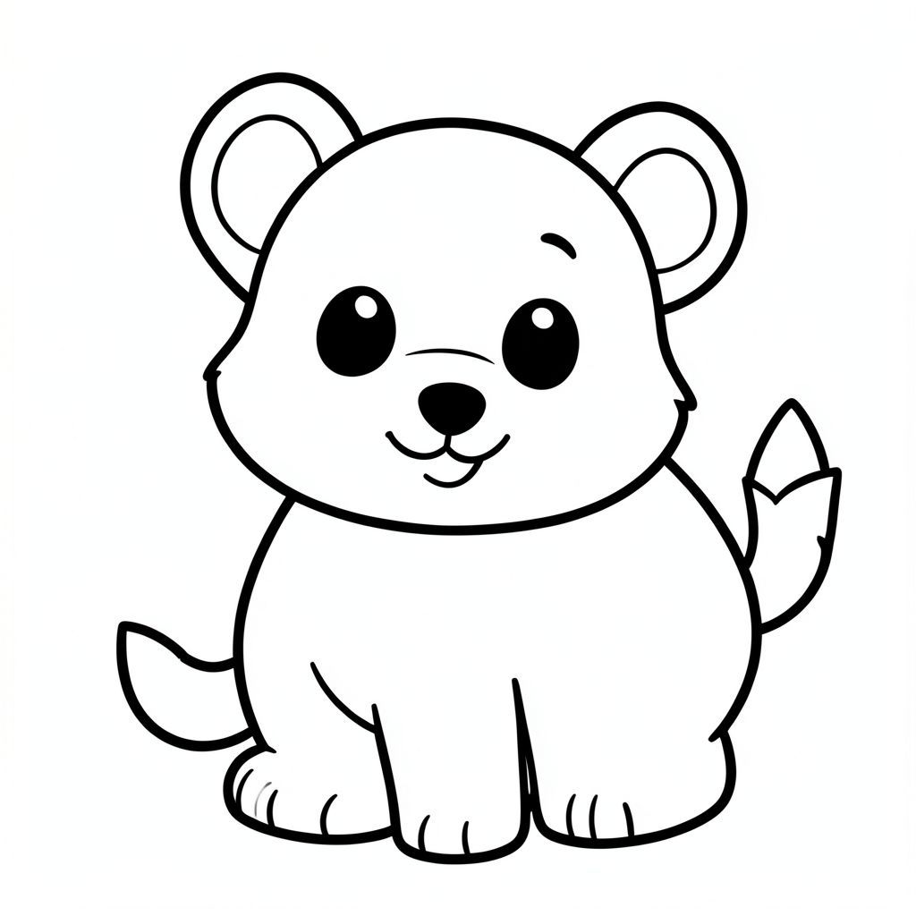 Cute cartoon animal, simple black and white coloring page, thick bold outlines, minimal details, child friendly, large spaces to color, no shading, white background