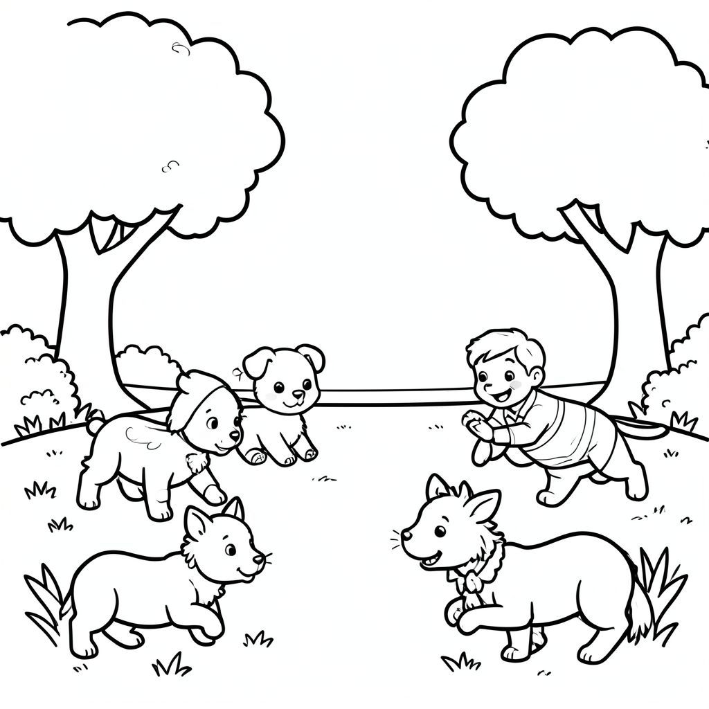 Happy animals playing in a park, simple coloring book page, black and white line art, thick bold outlines, large coloring spaces, child friendly illustration, no shading, white background