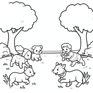 Happy animals playing in a park, simple coloring book page, black and white line art, thick bold outlines, large coloring spaces, child friendly illustration, no shading, white background