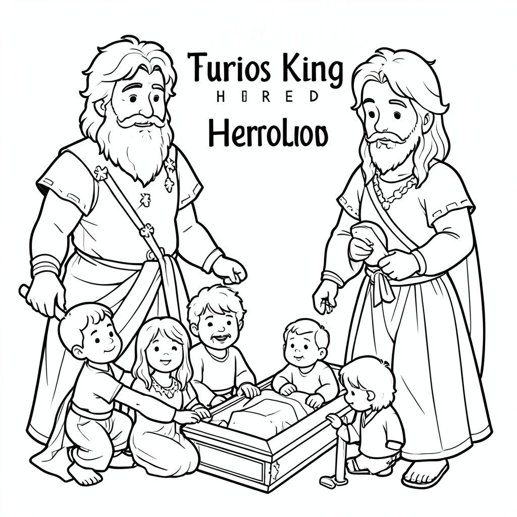 A Furios King Herod and children coffins