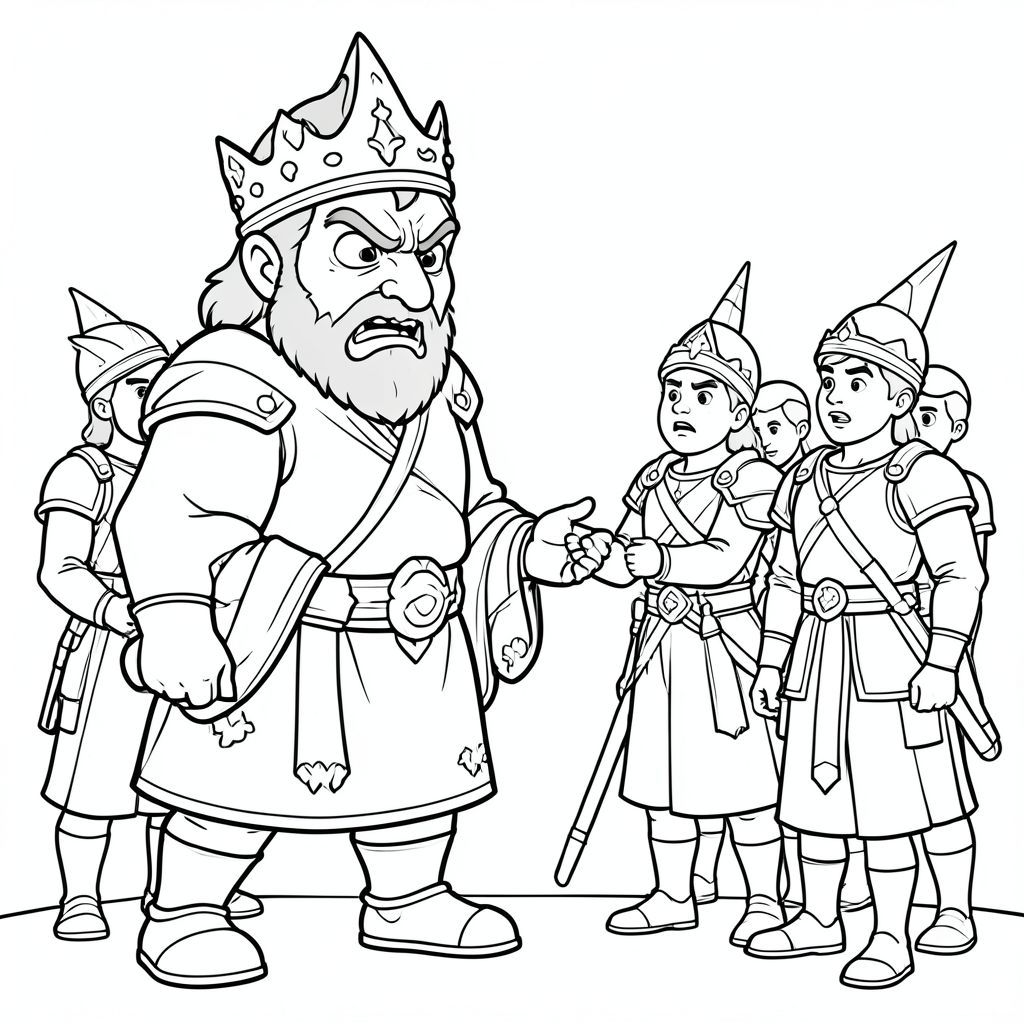 An angry King Herod with a crown speaking to his soldiers

