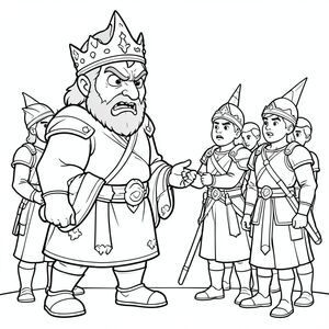 An angry King Herod with a crown speaking to his soldiers
