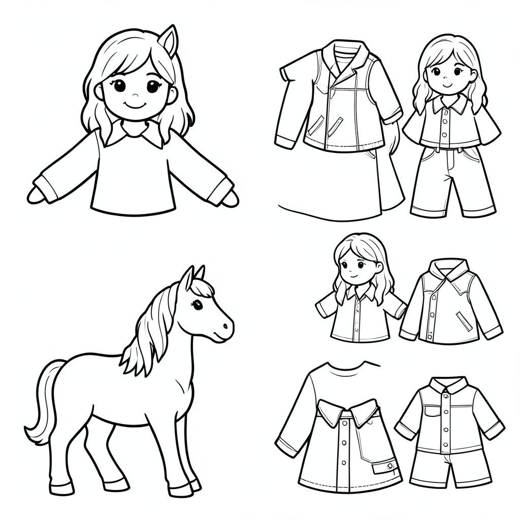 Coloring page with a paper doll of an 8-year-old girl with an Icelandic pony.

By paper doll, we mean that there are alternative clothing options.