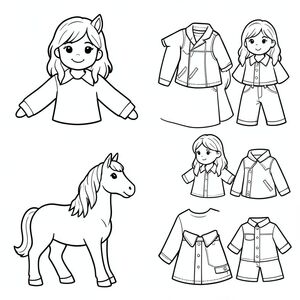 Coloring page with a paper doll of an 8-year-old girl with an Icelandic pony.

By paper doll, we mean that there are alternative clothing options.