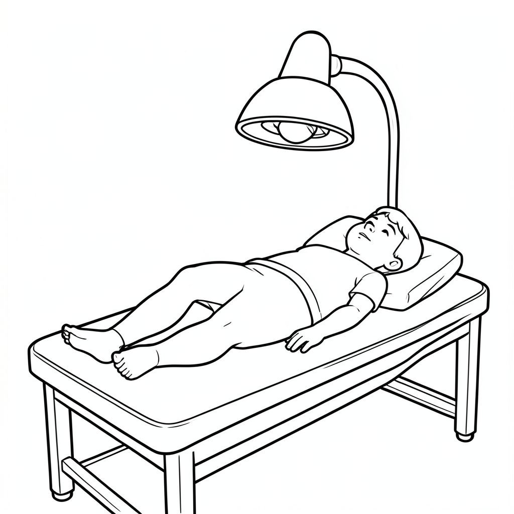 I’d like to make a color sheet showing someone lying on a massage table covered halfway and receiving a infrared light treatment with an infrared lamp hovering over them