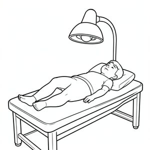 I’d like to make a color sheet showing someone lying on a massage table covered halfway and receiving a infrared light treatment with an infrared lamp hovering over them