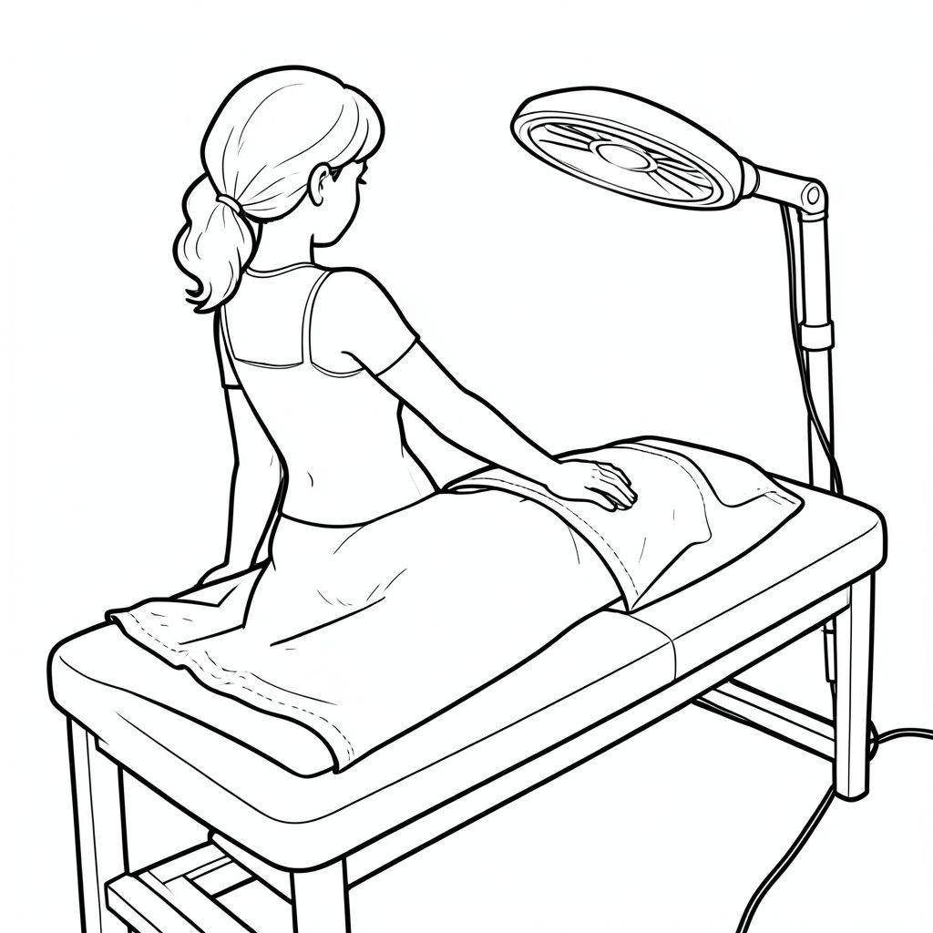 I’d like to create an image of a woman receiving a infrared light treatment on a massage table with a sheet on the bottom part of her body with her back exposed, getting the infrared light from a infrared lamp