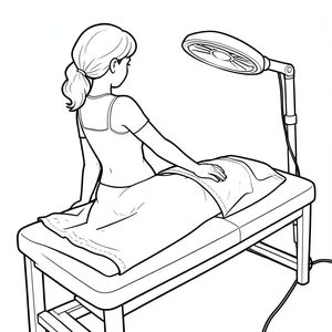 I’d like to create an image of a woman receiving a infrared light treatment on a massage table with a sheet on the bottom part of her body with her back exposed, getting the infrared light from a infrared lamp