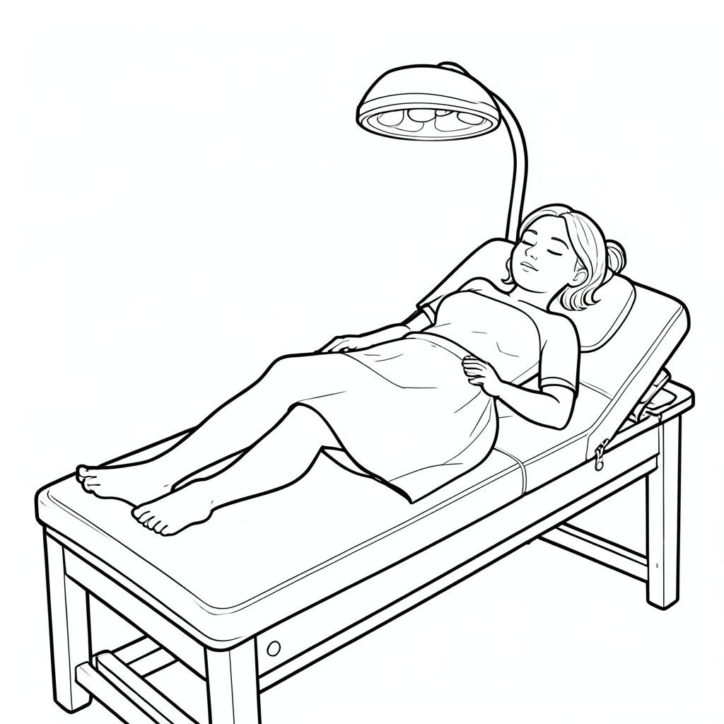 I would like to create a coloring sheet of a woman receiving a infrared light treatment lying on a massage table with a sheet covering her lower back and legs and feet, but she is receiving an infrared light treatment by infrared lamp with her back, uncovered on the massage table with her face in a face cradle,  relaxing