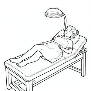 I would like to create a coloring sheet of a woman receiving a infrared light treatment lying on a massage table with a sheet covering her lower back and legs and feet, but she is receiving an infrared light treatment by infrared lamp with her back, uncovered on the massage table with her face in a face cradle,  relaxing