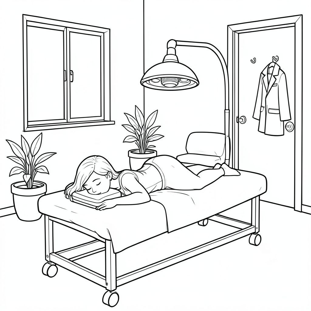 Black-and-white line art coloring page of a peaceful treatment room. A woman lies face down on a massage table with a drape covering her lower back to feet, back uncovered, and her face in a face cradle. An infrared lamp hovers above her back. The room has a window, a rolling treatment table, a few potted plants, a chair with clothes on it, a door with a hook, and a coat hanging on the hook. Simple, clear outlines suitable for coloring, calm and relaxing atmosphere, all elements visible and easy to color.