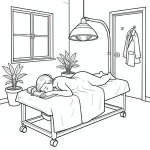 Black-and-white line art coloring page of a peaceful treatment room. A woman lies face down on a massage table with a drape covering her lower back to feet, back covered with a sheet draping off the table almost to the floor, and her face in a face cradle. Her back is exposed. An infrared lamp hovers above her back. The room has a window, a rolling treatment table, a few potted plants, a chair with clothes on it, a door with a hook, and a coat hanging on the hook. Simple, clear outlines suitable for coloring, calm and relaxing atmosphere, all elements visible and easy to color.