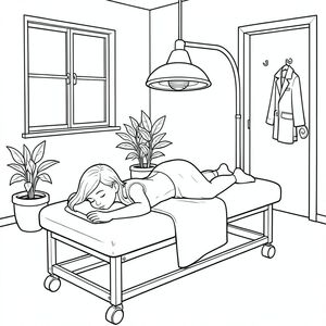 Black-and-white line art coloring page of a peaceful treatment room. A woman lies face down on a massage table with a sheet drape covering her lower back legs and feet and her face in a face cradle. Her back is exposed. An infrared lamp hovers above her back. The room has a window, a rolling treatment table, a few potted plants, a chair with clothes on it, a door with a hook, and a coat hanging on the hook. Simple, clear outlines suitable for coloring, calm and relaxing atmosphere, all elements visible and easy to color.